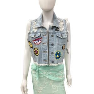 Carmar Vest Women’s Size S Denim Raw Hemline Cropped Patches Light Blue Color